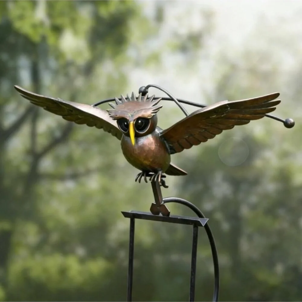 Kinetic Metal Owl Garden Stake Decor - Outdoor Sculpture for Lawn & Yard